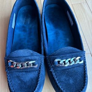 Women's VIONIC Blue Suede Loafers with Silver Chain